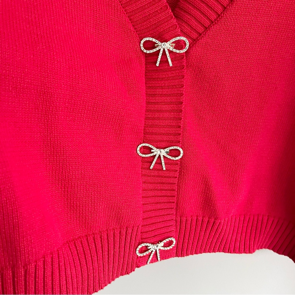Pink Lily Red V-Neck Cardigan with Rhinestone Bow Accents Extra Large - Picture 4 of 11